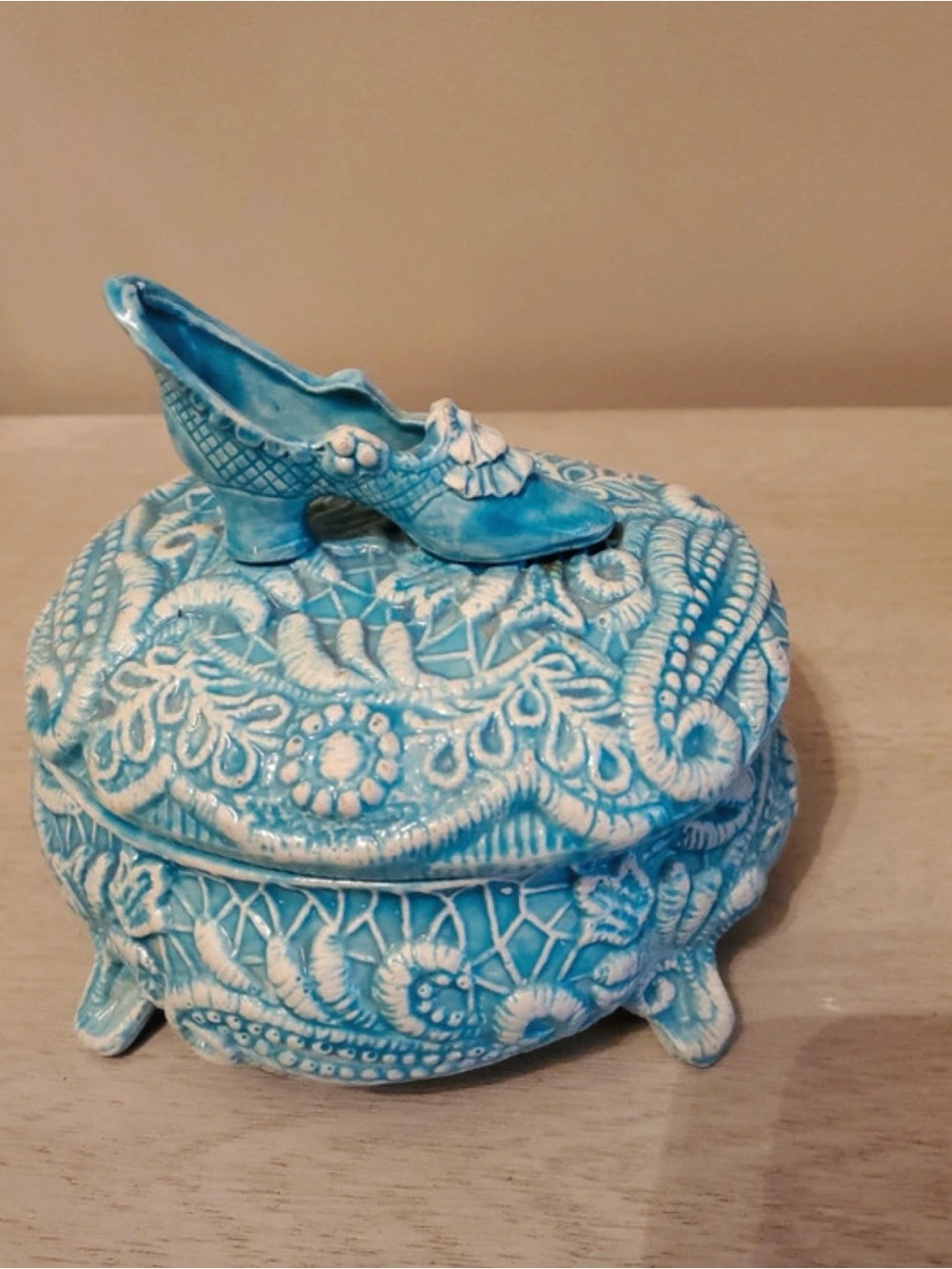 Turquoise Ceramic Trinket Box with Decorative Shoe Accent